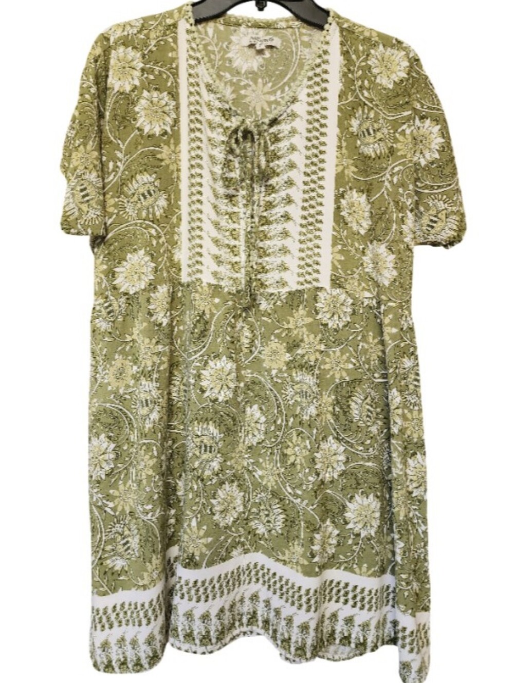 NATURA SELECTION Olive Green Floral Block Print Mini Dress Boho Tunic Small